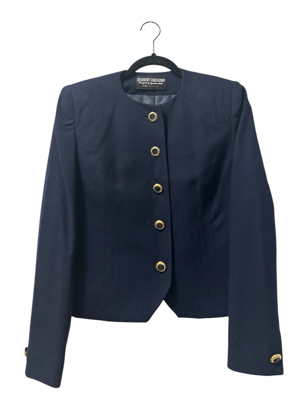 Herbert Grossman Vintage Decorative Button Collarless Blazer Navy SZ 4